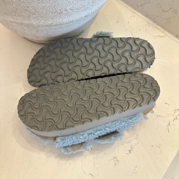 BIRKENSTOCK Arizona Big Buckle Genuine Shearling Slide Sandal in Faded Aqua - Picture 8 of 8